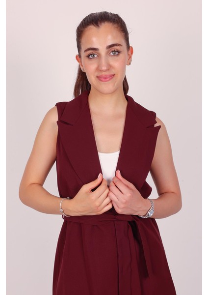Kadın Bordo Kolsuz Kuşaklı Yelek