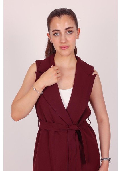 Kadın Bordo Kolsuz Kuşaklı Yelek fiyatları