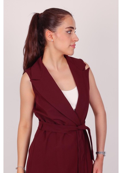 Kadın Bordo Kolsuz Kuşaklı Yelek modelleri