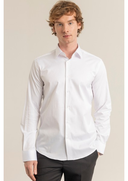 Erkek Beyaz %100 Pamuk Saten Non-Iron Ütü Istemeyen Casual Cepsiz Modern Fit Gömlek