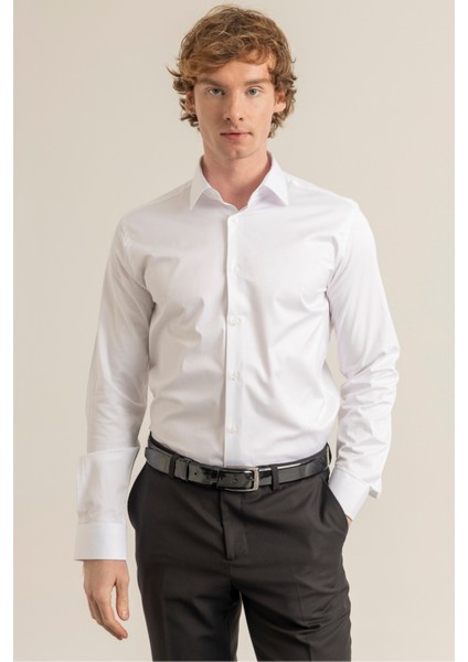 Erkek Beyaz %100 Pamuk Saten Non-Iron Ütü Istemeyen Casual Cepsiz Modern Fit Gömlek fiyatları