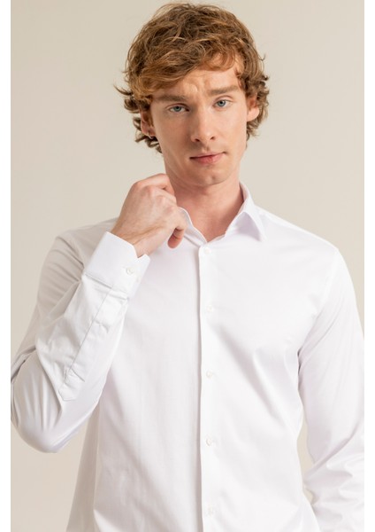 Erkek Beyaz %100 Pamuk Saten Non-Iron Ütü Istemeyen Casual Cepsiz Modern Fit Gömlek indirimleri