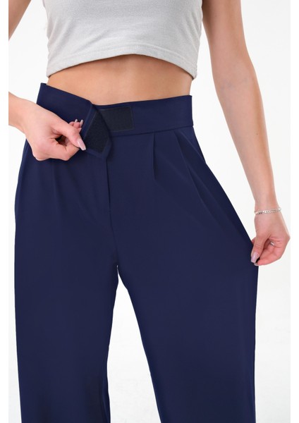 Kadın Lacivert Yüksek Bel Cırtlı Palazzo Pantolon