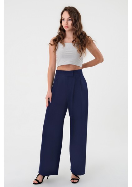Kadın Lacivert Yüksek Bel Cırtlı Palazzo Pantolon fiyatları