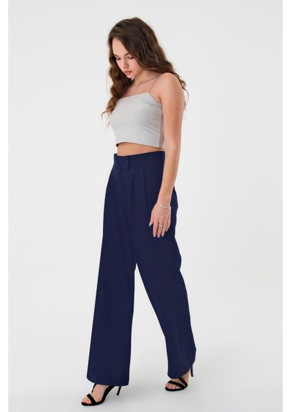 Kadın Lacivert Yüksek Bel Cırtlı Palazzo Pantolon fırsatları