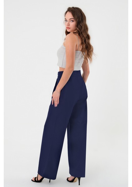 Kadın Lacivert Yüksek Bel Cırtlı Palazzo Pantolon indirimleri