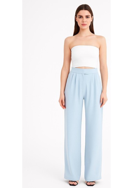 Kadın Bebe Mavi Yüksek Bel Cırtlı Palazzo Pantolon