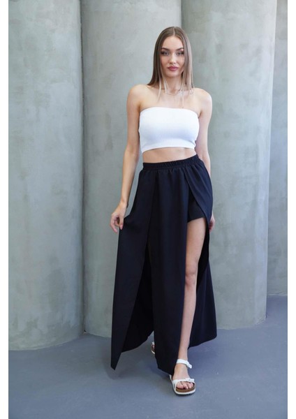 Siyah Yırtmaçlı Uzun Şort Etek