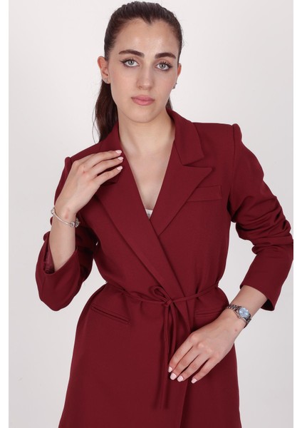 Kadın Bordo Bel Bağlamalı Blazer Ceket