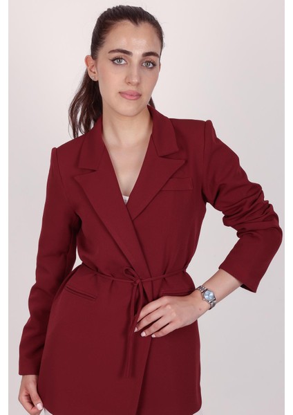 Kadın Bordo Bel Bağlamalı Blazer Ceket modelleri