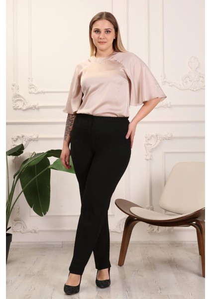 Krep Kumaş Siyah Büyük Beden Yan Lastikli Pantolon