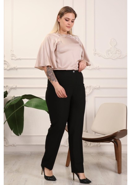 Krep Kumaş Siyah Büyük Beden Yan Lastikli Pantolon fiyatları