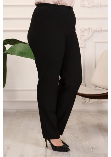 Krep Kumaş Siyah Büyük Beden Yan Lastikli Pantolon modelleri