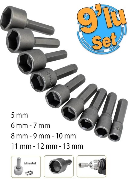 Manyetik Mıknatıslı 5 6 7 8 9 10 11 12 13 mm Somun Civata Adaptör Seti Crv Metal Matkap Uyumlu Uç