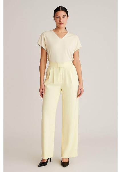 Kadın Sarı Yüksek Bel Cırtlı Palazzo Pantolon
