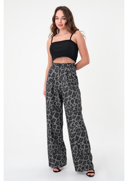 Kadın Füme Pix Leopar Desenli Yüksek Bel Palazzo Pantolon