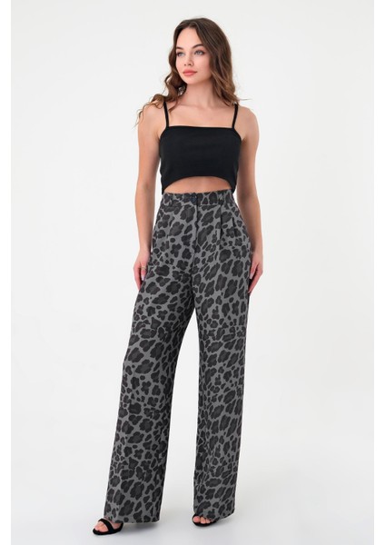 Kadın Füme Pix Leopar Desenli Yüksek Bel Palazzo Pantolon fiyatları