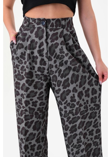 Kadın Füme Pix Leopar Desenli Yüksek Bel Palazzo Pantolon modelleri