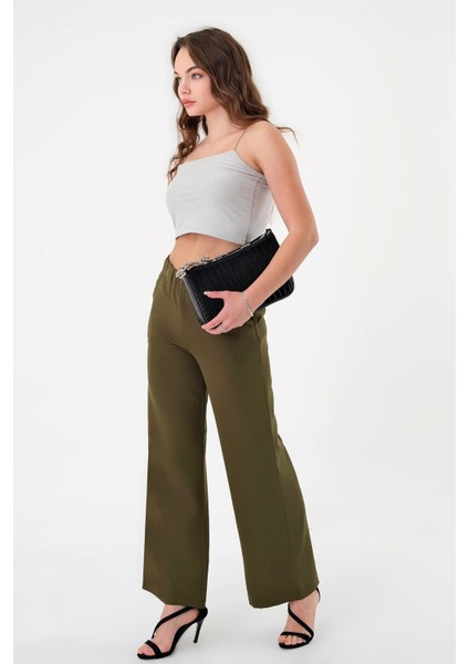 Kadın Haki Bel Lastikli Palazzo Pantolon