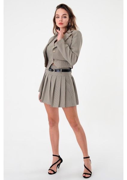 Kadın Bej Mini Ekoseli Yelek-Pileli Etek-Blazer Ceket 3'lü Dokuma Takım fiyatları