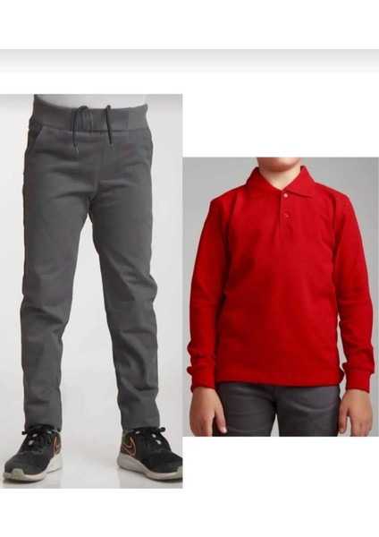 Unisex Çocuk Gri Pamuklu Bel Lastikli Rahat Okul Pantolonu, Uzun Kollu