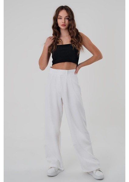 Kadın Beyaz Palazzo Pantolon Yüksek Bel ve Cırtlı Detaylarla fırsatları