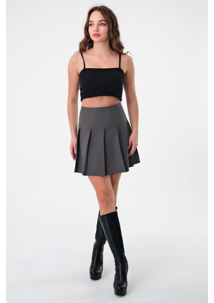 Antrasit Kadın Pileli Dokuma Mini Etek fiyatları