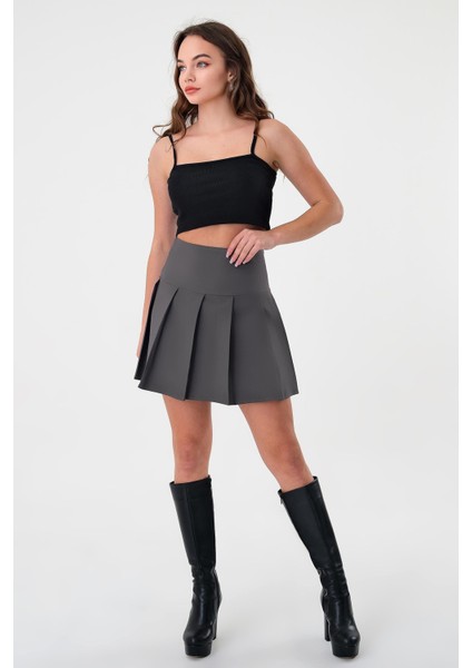 Antrasit Kadın Pileli Dokuma Mini Etek indirimleri