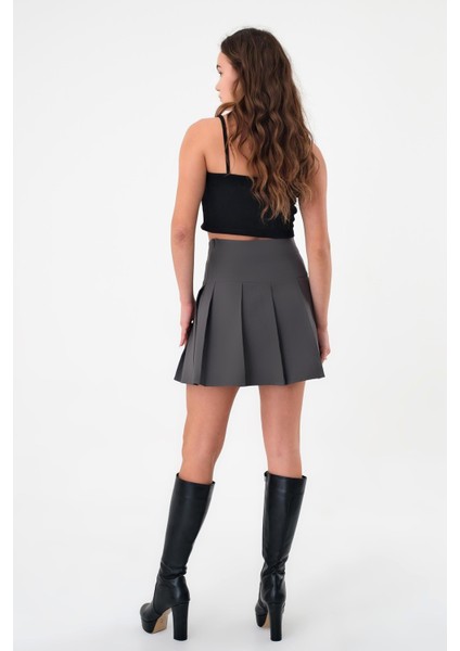 Antrasit Kadın Pileli Dokuma Mini Etek