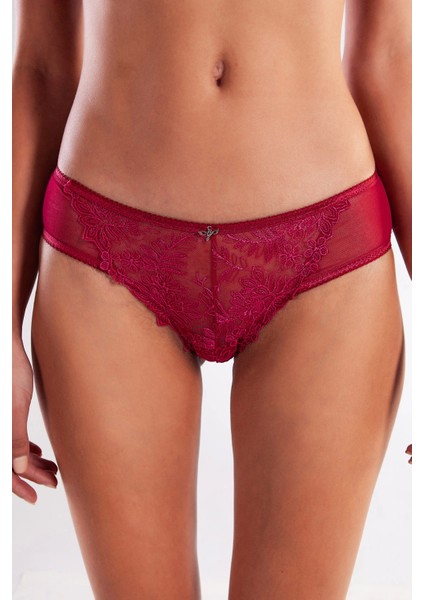Golshan Gaspara Mini Slip, Kadın Güpürlü Tüllü Şarap Renkli Normal Kesim Külot