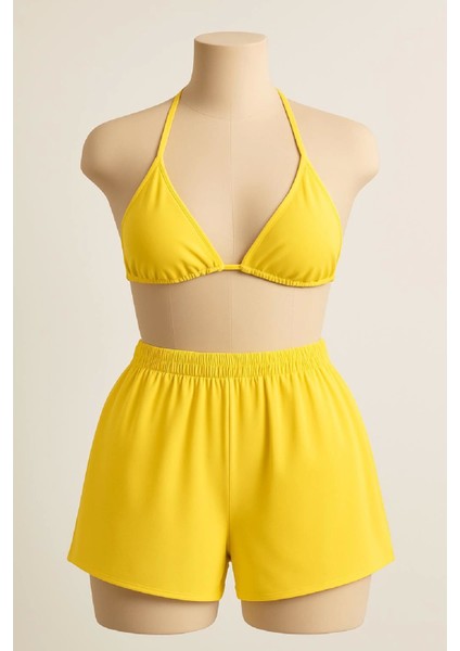 - Kadın Sarı Şortlu Belden ve Boyundan Bağlamalı Bikini Takımı
