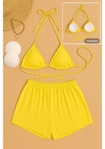 - Kadın Sarı Şortlu Belden ve Boyundan Bağlamalı Bikini Takımı modelleri