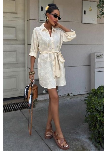 Süzene Nakışlı ve Gold Düğmeli Elbise 2742 fiyatları