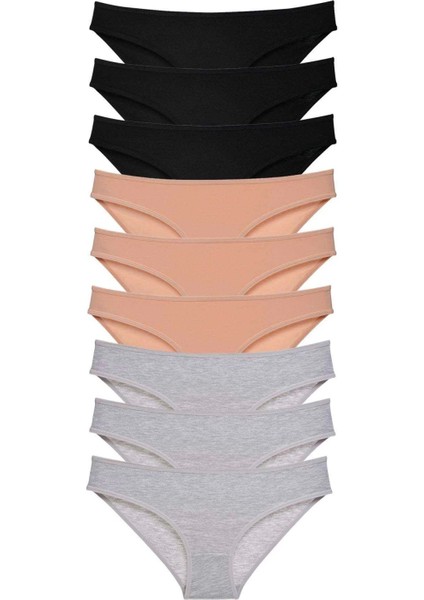 9 Adet Süper Eko Set Likralı Kadın Slip Külot Siyah Ten Gri