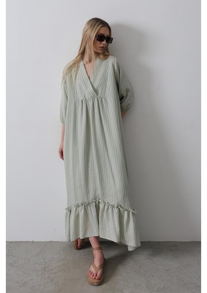 Çizgili Oversize V Yaka Elbise - Haki