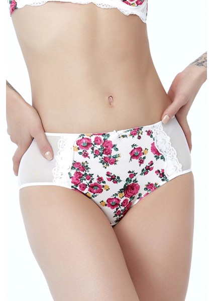 Golshan Gardenia Control Slip, Kadın Dantelli Çiçek Baskılı Ekru Yüksek Bel Külot