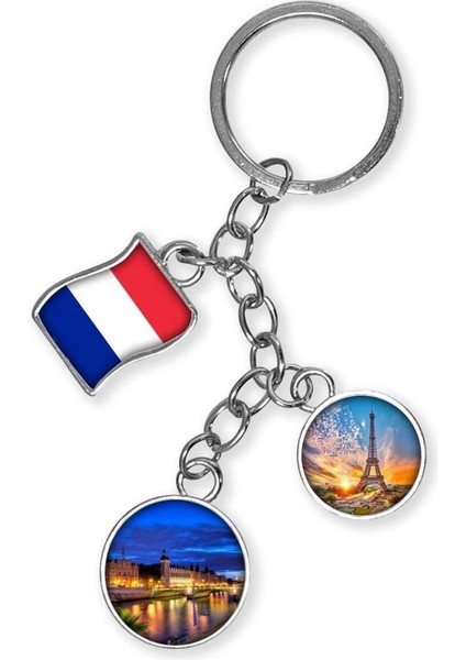 Fransa Üçlü Epoksi Metal Çift Taraflı Damla Anahtarlık France