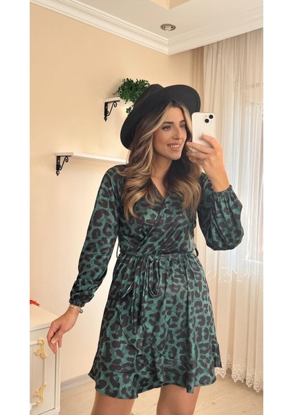 Kadın Uzun Kollu Kruvaze Yaka Belden Kuşaklı Leopar Desenli Dalgıç Elbise fiyatları