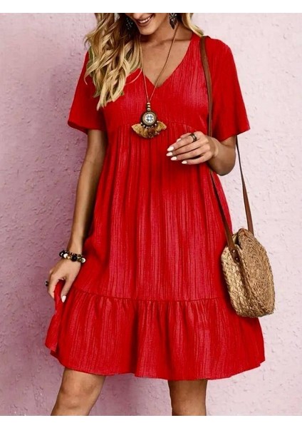 Kadın V Yaka, Fırfırlı Bürümcük Kumaş Elbise
