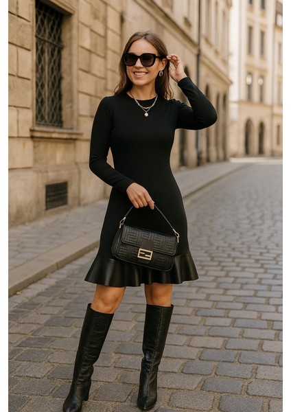 Kadın Uzun Kollu Bisiklet Yaka Üst Viskon Etek Ucu Deri Kısa Elbise