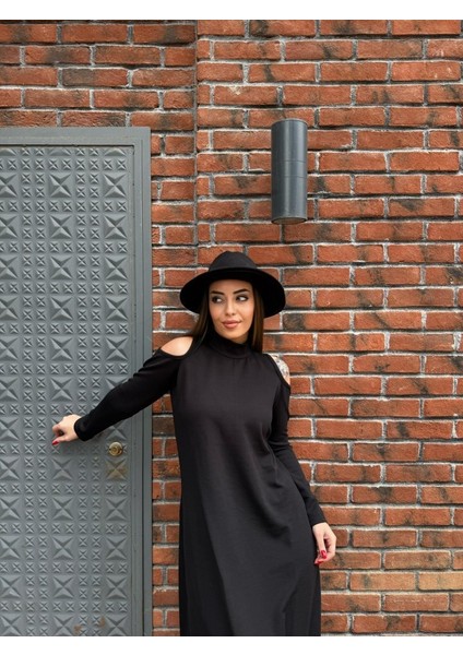 Kadın Balıkçı Yaka Omuzlardan Açık Uzun Kollu Janjan Krep Elbise fırsatları