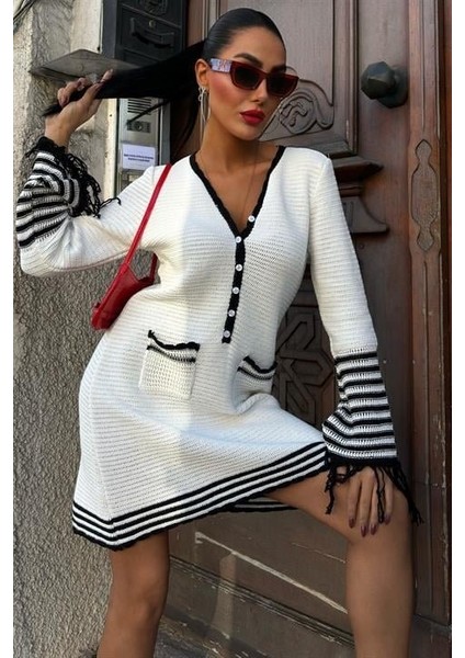 Triko Kolları Püsküllü Düğmeli Elbise 2849 fiyatları