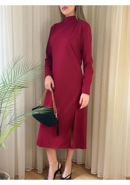Kadın Uzun Kollu Balıkçı Yaka Derin Yırtmaç Detay Krep Elbise modelleri