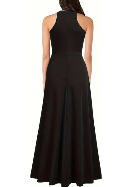 Kadın Halter Yaka Derin Yırtmaç Detaylı Tam Boy Ithal Krep Abiye Elbise