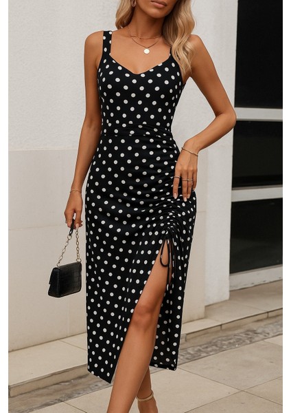 Kadın Askılı Yuvarlak Yaka Kalp Yaka Yandan Büzgülü Yırtmaç Detaylı Puantiyeli örme Krep Elbise