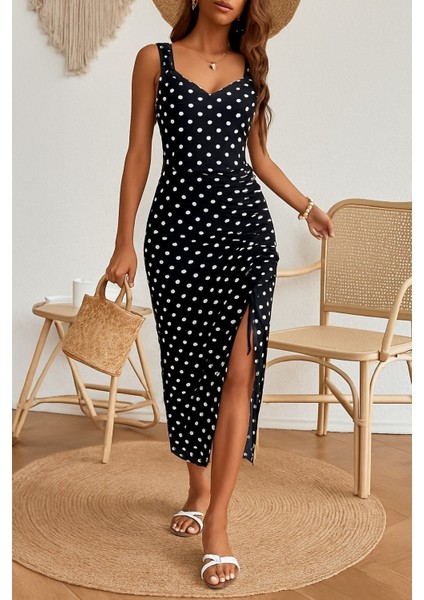 Kadın Askılı Yuvarlak Yaka Kalp Yaka Yandan Büzgülü Yırtmaç Detaylı Puantiyeli örme Krep Elbise fiyatları