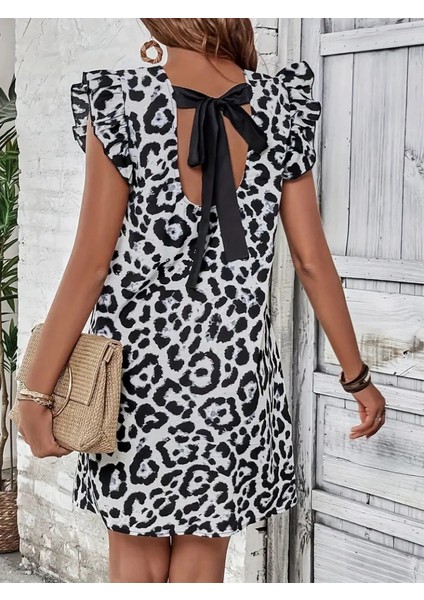 Kadın Kısa Kollu Kolları Fırfır Detay Arkası Bağlamalı Leopar Desen Kolsuz Mini Mikro Elbise fiyatları