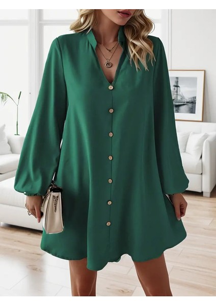 Kadın Uzun Kollu V Yakalı Önden Düğmeli Kısa Sandy Elbise fırsatları