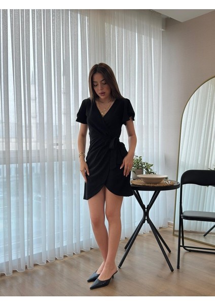 Kadın Kısa Kollu Kruvaze Yakalı Belden Bağlamalı Ithal Krep Elbise modelleri