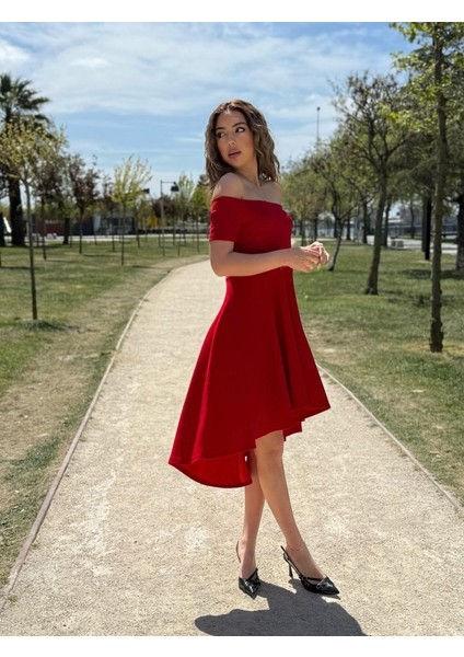 Kadın Kısa Kollu Madonna Yaka Önü Kısa Arkası Uzun Ithal Krep Elbise